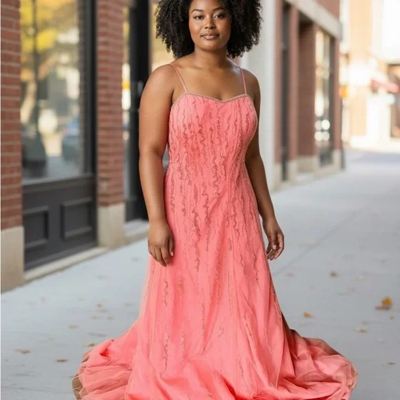Alfred Angelo Coral Pink Beaded Princess Plus Size Prom Dress - Picture 2 of 16
